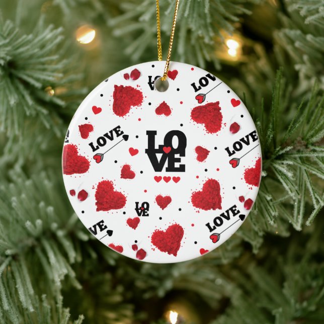 Red Hearts Pattern Valentine's Day Ceramic Ornament (Tree)
