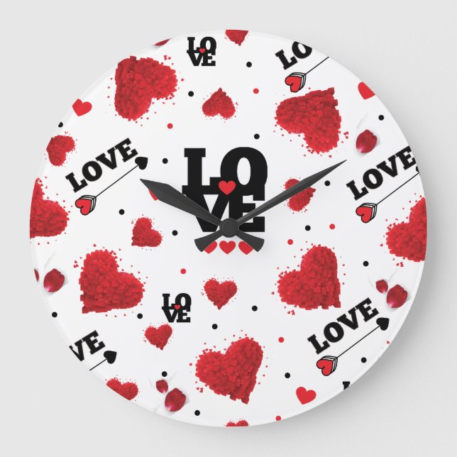 Red Hearts Pattern Valentine's Day Large Clock (Front)
