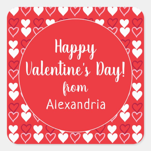 Red Hearts Personalised Happy Valentine's Day Square Sticker (Front)