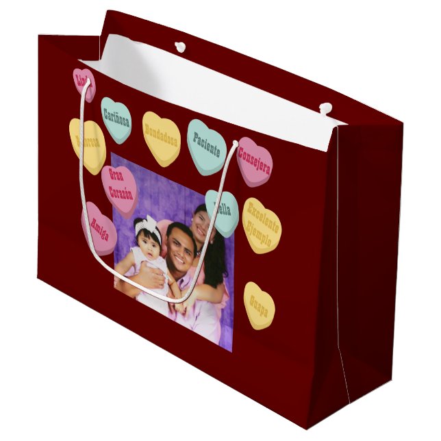 Red Hearts Photo Message | Spanish Mothers Day Large Gift Bag (Front Angled)