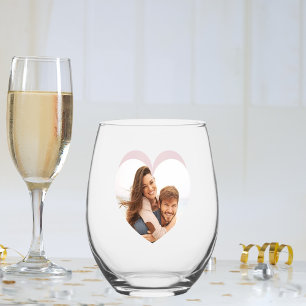 Red hearts photo name love you stemless wine glass