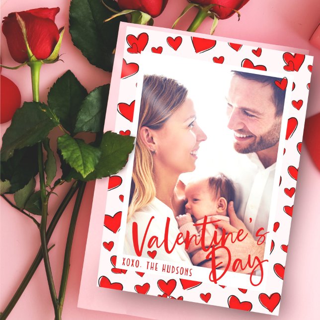 Red Hearts Photo Pink Valentine's Day Holiday Card (Creator Uploaded)