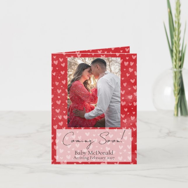 Red hearts photo script pregnancy announcement (Front)