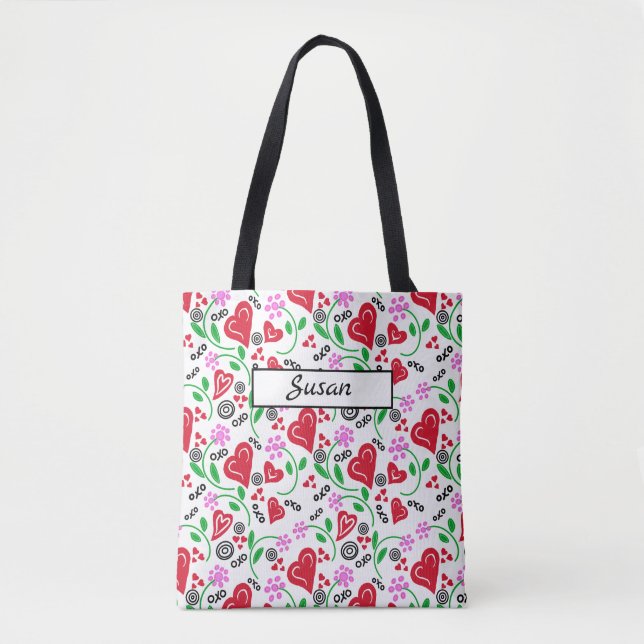 Red Hearts Pink Flowers Tote Bag (Front)