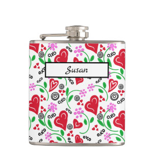 Red Hearts Pink Flowers Vinyl Wrapped Flask