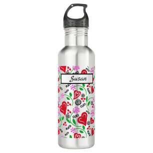 Red Hearts Pink Flowers Water Bottle