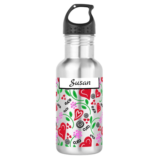 Red Hearts Pink Flowers Water Bottle (Front)