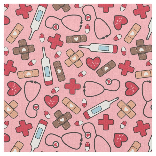 Red Hearts Pink Nurse Doctor Pattern Fabric (Close Up)