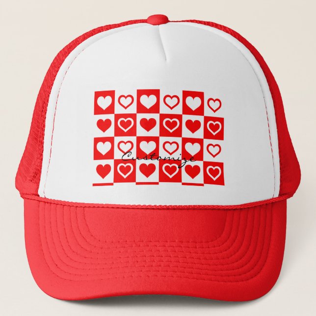 Red Hearts Plaid Pattern Thunder_Cove Trucker Hat (Front)