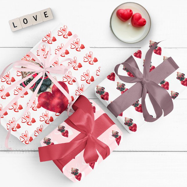 Red Hearts Pug Dog Lover Valentines Gift Wrapping Paper Sheet (Creator Uploaded)