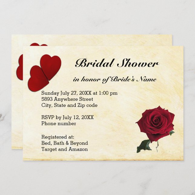Red Hearts, Rose & Yellow Background Bridal Shower Invitation (Front/Back)