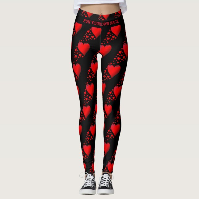 Red Hearts RUN YOUR RACE Valentine Custom Black Leggings (Front)
