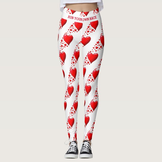 Red Hearts RUN YOUR RACE Valentine Custom White Leggings (Front)