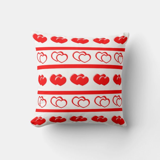 Red Hearts Striped Throw Pillow (Front)