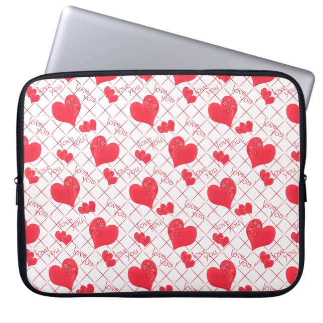 Red hearts, text, "love you", red and white, check laptop sleeve (Front)
