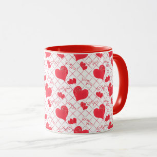 Red hearts, text, "love you", red and white . mug