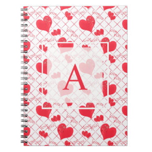 Red hearts, text, "love you", red and white . notebook