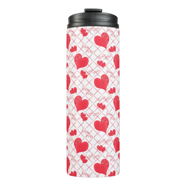 Red hearts, text, "love you" . thermal tumbler (Front)