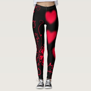 Red Hearts, Vines & Flower on Black Leggings