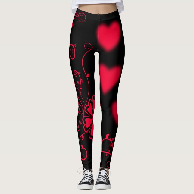 Red Hearts, Vines & Flower on Black Leggings (Front)