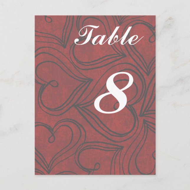 Red Hearts Wedding Table Cards numbers Postcard (Front)