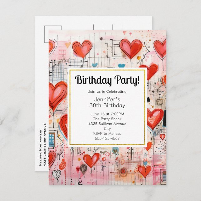 Red Hearts Whimsical Love Pattern Birthday Invite (Front/Back)