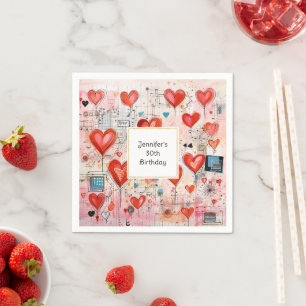 Red Hearts Whimsical Love Pattern Birthday Napkin