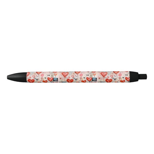 Red Hearts Whimsical Love Pattern Black Ink Pen (Front)