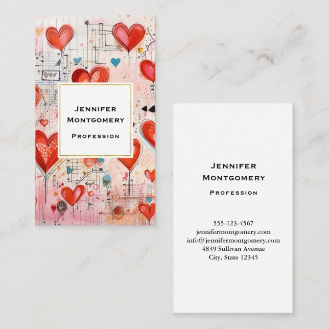 Red Hearts Whimsical Love Pattern Business Card (Front/Back)
