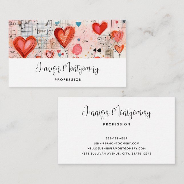 Red Hearts Whimsical Love Pattern Business Card (Front/Back)