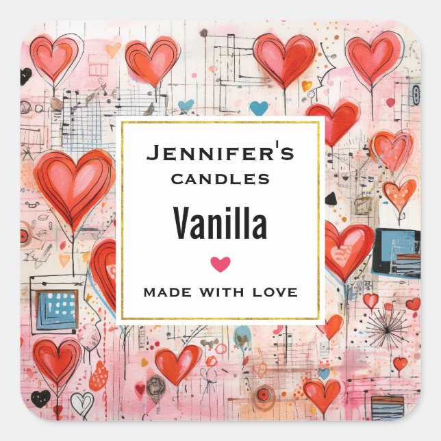 Red Hearts Whimsical Love Pattern Candle Business Square Sticker (Front)