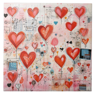 Red Hearts Whimsical Love Pattern Ceramic Tile