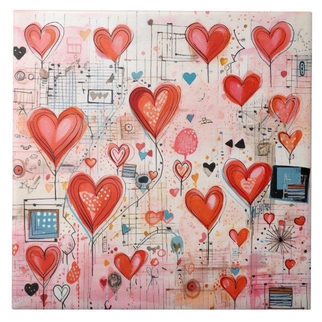 Red Hearts Whimsical Love Pattern Ceramic Tile (Front)