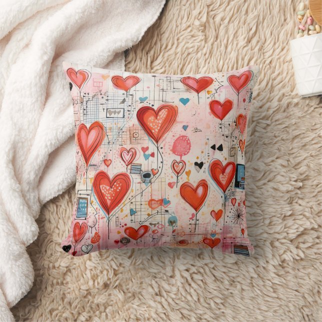 Red Hearts Whimsical Love Pattern Cushion (Blanket)
