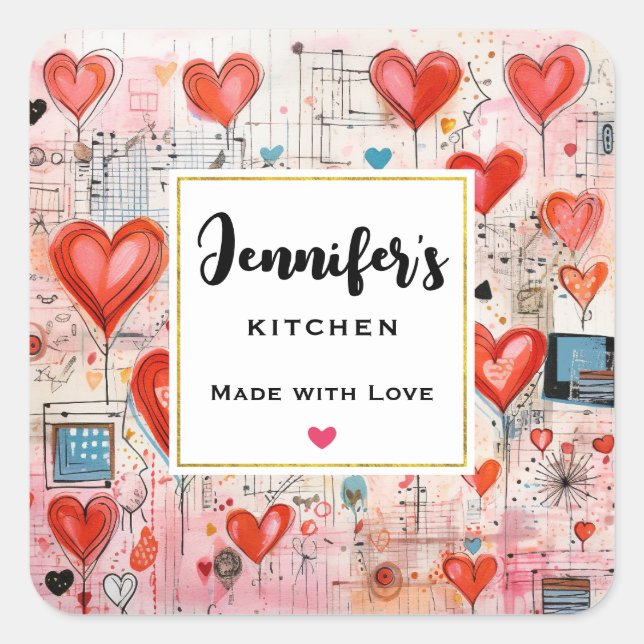 Red Hearts Whimsical Love Pattern Kitchen Square Sticker (Front)