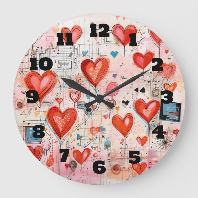 Red Hearts Whimsical Love Pattern Large Clock (Front)