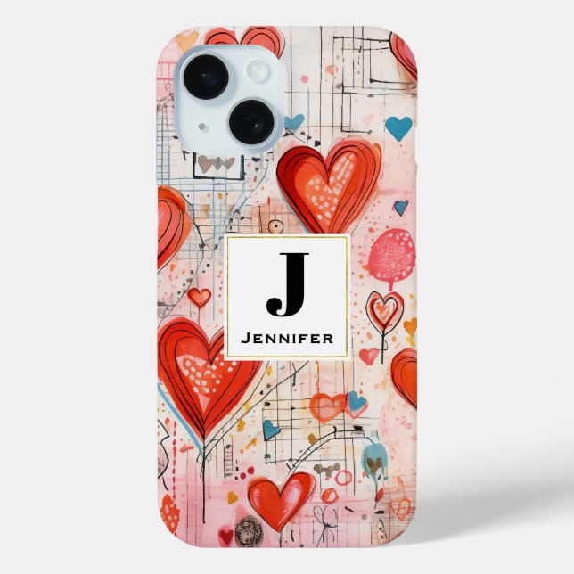 Red Hearts Whimsical Love Pattern Monogram Case-Mate iPhone Case (Back)