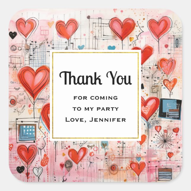 Red Hearts Whimsical Love Pattern Party Thank You Square Sticker (Front)