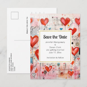 Red Hearts Whimsical Love Pattern Save the Date Invitation Postcard