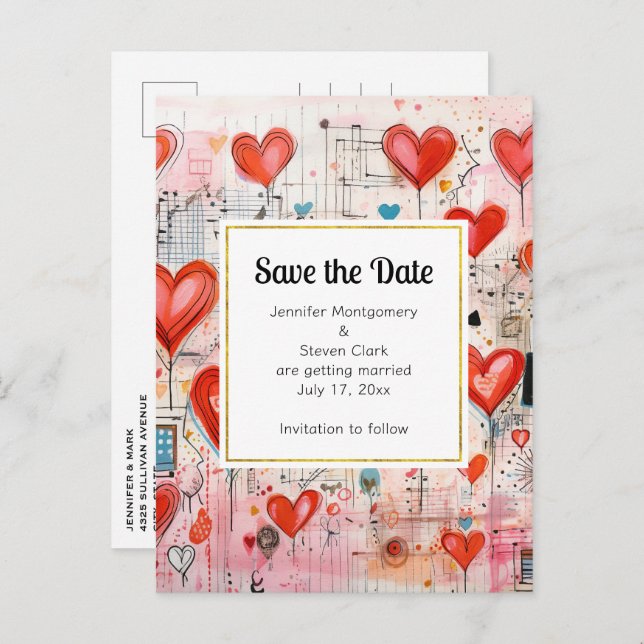 Red Hearts Whimsical Love Pattern Save the Date Invitation Postcard (Front/Back)