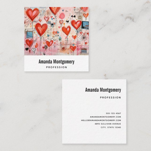 Red Hearts Whimsical Love Pattern Square Business Card (Front/Back)