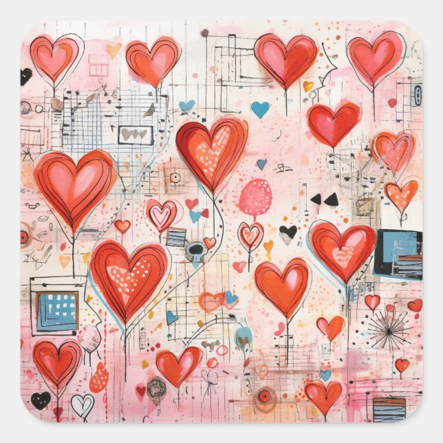 Red Hearts Whimsical Love Pattern Square Sticker (Front)