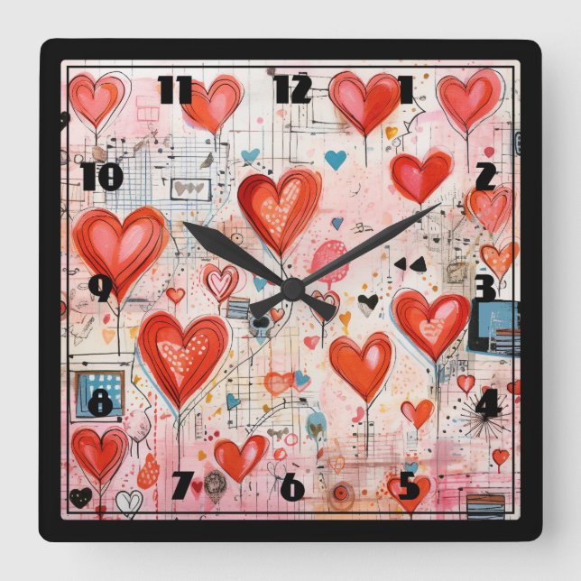 Red Hearts Whimsical Love Pattern Square Wall Clock (Front)