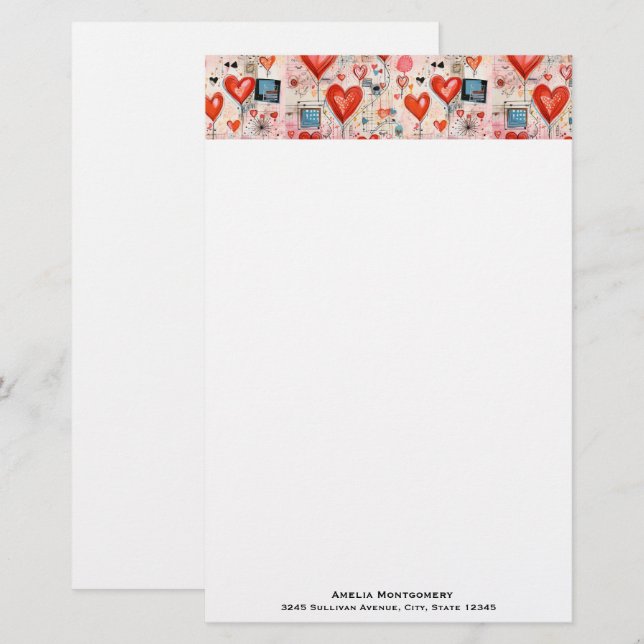 Red Hearts Whimsical Love Pattern Stationery (Front/Back)