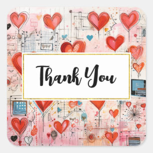 Red Hearts Whimsical Love Pattern Thank You Square Sticker