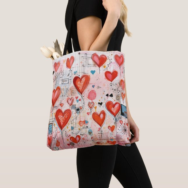Red Hearts Whimsical Love Pattern Tote Bag (Close Up)