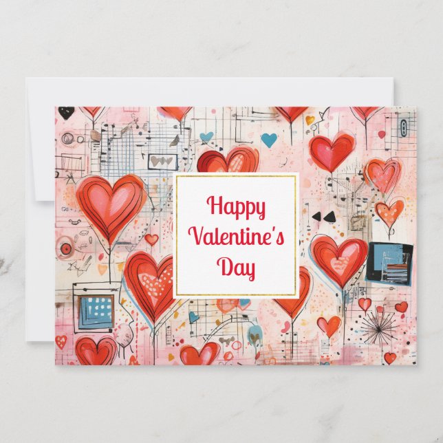 Red Hearts Whimsical Love Pattern Valentine's Day Holiday Card (Front)