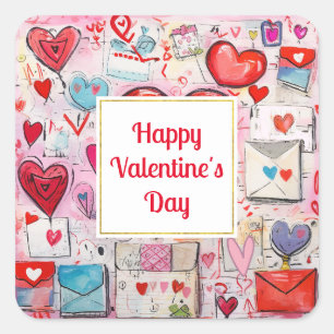 Red Hearts Whimsical Love Pattern Valentine's Day Square Sticker