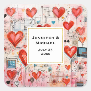 Red Hearts Whimsical Love Pattern Wedding Date Square Sticker