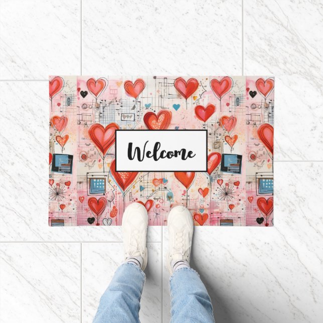  Red Hearts Whimsical Love Pattern Welcome Doormat (Indoor)